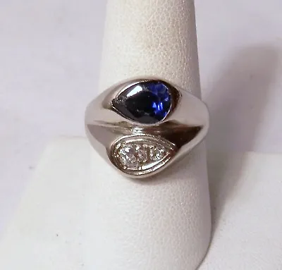 Vintage Blue Stone Real Diamonds Mens 14K White Gold Ring 8.9 Grams Size 9 • $649