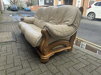 Oak Frame / Leather 3 Seater Sofa **Local Delivery Possible** • £170