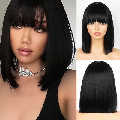 UK 14inch Cosplay Wig With Bangs Heat Resistant Hair Fashion Women 1B • £9.99