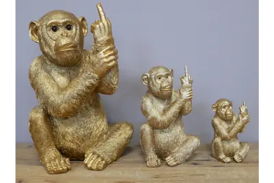 Rude Monkey Ornament Cheeky Gold Animal Statue Middle Finger Up Chimp Sculpture • £12.49