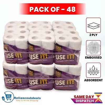 48 X Kitchen Rolls Paper Towel 2ply Embossed Hand Wipes Strong White Tissue Roll • £18.45