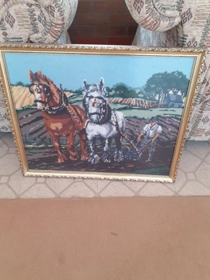 £6.50 • Buy Needlework Farming Picture Cart Horses/plough & Farmer In Guilt Frame - Used