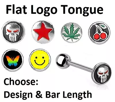 Flat Logo Tongue Bar - Choose: Skull Star Leaf Cherry - 10mm 12mm 14mm 16mm 19mm • £2.20