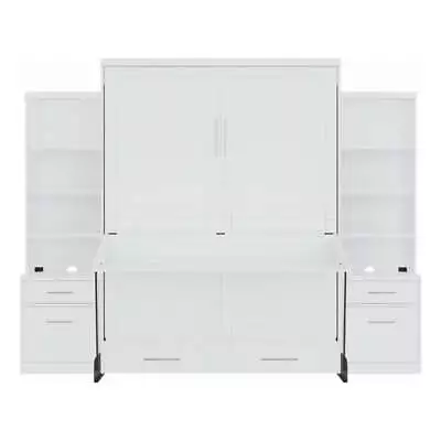 RoomAndLoft Brentwood Queen Solid Wood Murphy Desk Bed - 2 Storage Piers - White • $3089.35