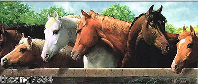 Horses Ponies At The Trough Fence Barn Blue Sky Country Wall Paper Border • $23.99