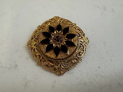 Vtg Signed Gold Tone Metal & Black Enamel Victorian Mourning Style Pin / Brooch • $25