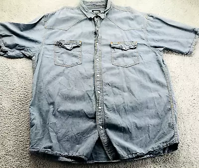 Vintage Key Shirt Mens 2XLT Blue Chambray Denim Short Sleeve Button Up Workwear • $19.95