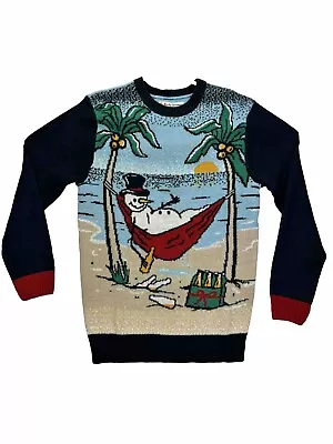 Novelty Christmas Sweater Mens Medium Snowman Hammock Blue Palm Trees Knit • $19.96
