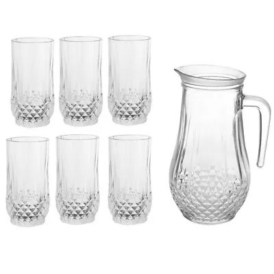 7 Piece Glass Pitcher Jug With Tumblers Glasses Water Set Juice Drinkware & Lid • £18.45