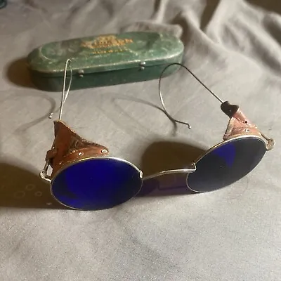 Antique Willson Cobalt Blue Goggles Leather Wayfarer ￼￼ • $275