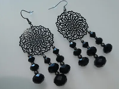 Vintage Art Deco Style All Black Glass Chandelier Long Earrings Jewellery Gift  • £9.49