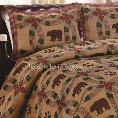 DARK BLACK BEAR WEDDING RING 3p King QUILT SET : BROWN CABIN TEA DYED PLAID • $79.45