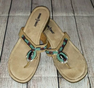 Minnetonka Womens Sandals Size 9 Leather Beaded Silver Turquoise Southwest 70015 • $16.94