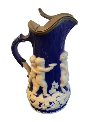 Minton Parian Pitcher Blue White Cherubs Pewter Lid By Dixon & Son 6.5 Inch • $194.99