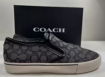 COACH Men's Shoes Sneaker Size 10 Black SIG Jacquard Leather Slip On $168 NEW • $95.60