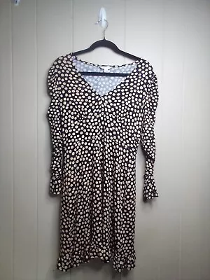 Miss Selfridge Dress 4 V-Neck 3/4 Gathered Ruffle Sleeve Dots Black Tan • $11.14