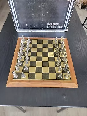 Vintage Antique Metal And Wood Chess Set ALL Pieces Incl.  14.5 X 14.5 Board  • $99