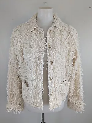 Vintage Shaggy Jacket Fringe Ivory Cotton Womens S M Unique OOAK Artsy Guatemala • $56.25
