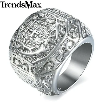 Male Men Ring Stainless Steel Carved Cross Signet Ring Vintage Valentine's Gift • $10.44