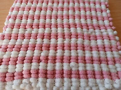 Hand Knitted Baby Pom Pom Blanket In Pink/White Stripe • £16.50