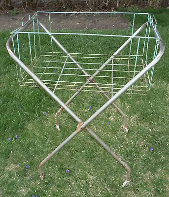 Vintage Farm House Metal Wire Laundry Basket Cart Rolling Collapsible Folds • $124