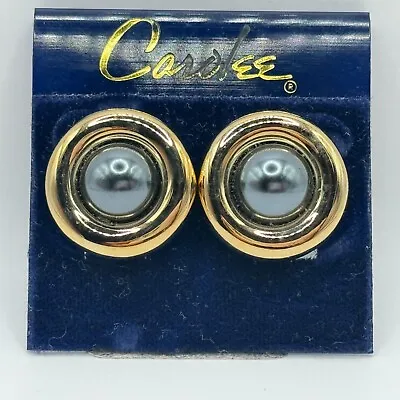 Vintage Carol Lee Faux Black Pearl Clip On Button Earrings Silver Tone Signed • $19.99