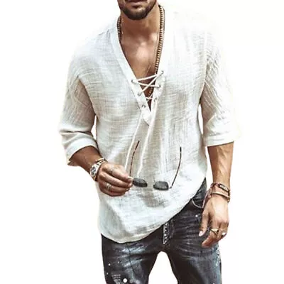 Man Beach Hippie Short Sleeve Casual T-shirt Loose V Neck Lace Up Top Tunic Tees • £15.66