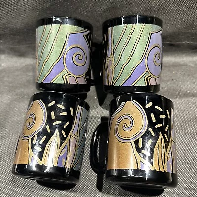 Set Of 4 TAMPICO ARCOROC France Geometric Print Modern Black Glass 3 5/8” Mugs • $30