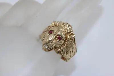 Vintage 10K Yellow Gold Lion Design Men's Ring W/ Diamond And Red Stone Eyes 9.5 • $595