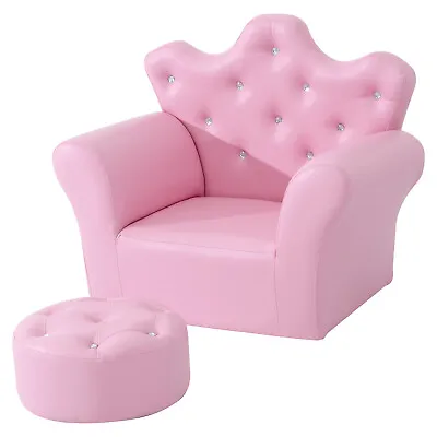 HOMCOM Children Kids Sofa Set Armchair Chair Seat Footstool PU Leather Pink • £70.95