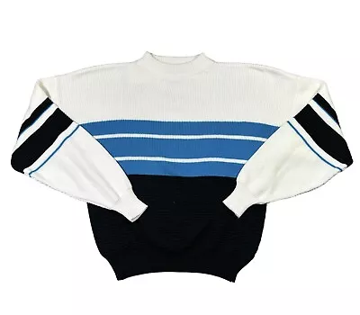 Vintage 80s Acrylic Striped Ski Sweater Color Block Mens XL White Blue • $29.99