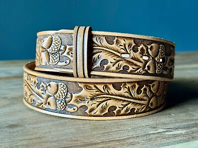 MINT! Vintage Chambers Brown Acorn Leaf Tooled Leather Belt Strap USA Made Sz 34 • $28.50