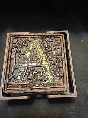 Wood/Gemstone Coasters With Cork Base / Monogrammed With Letter A  & Box FLAW  • $5.19
