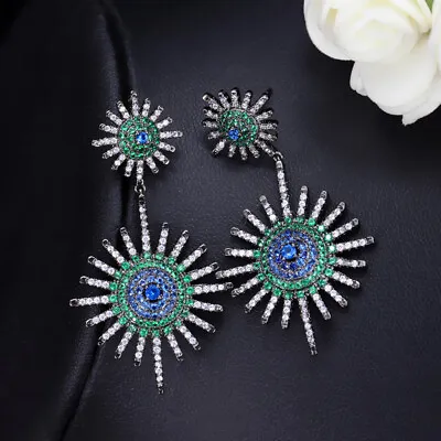 CWWZircons Shiny Star Black Mix Green Blue CZ Big Long Dangle Earrings For Women • $10.16