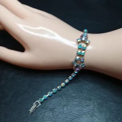 Vintage Bracelet AB Crystal Pink Rivoli Stone Silver Tone.  10078 • $21.99