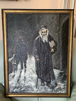 Large Painting Of A Rabbi With Books Gold Frame Judaica Jewish • $3000