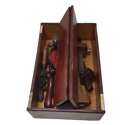 Antique Wooden Tool Chest W/ Wooden Scribes Hand Crank Drills Wood Measure • $199.95
