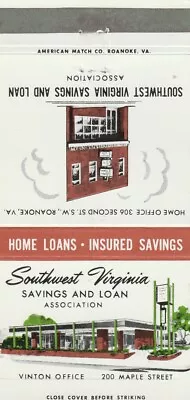 Vintage Matchbook Cover. Southwest Virginia Savings & Loan Assoc. Vinton Va. • $1.99