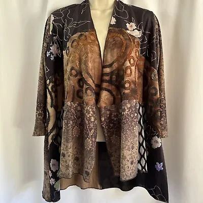 Ali Miles Open Front Brown Cardigan Top Multicolor Patchwork Art To Wear Knit PS • £24.13