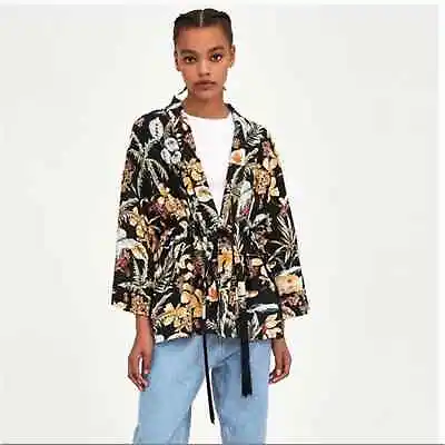 ZARA TRE Black Floral Blazer Open Front Kimono Jacket Size Large - XL • $32