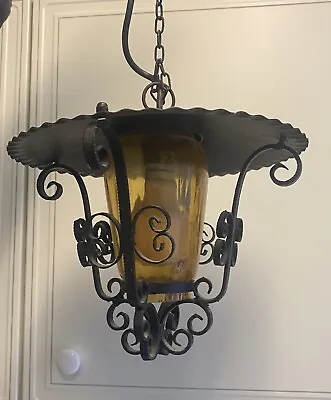 Vintage Wrought Iron Amber Glass Lantern • £10