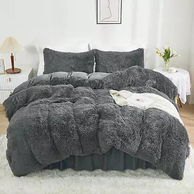 Plush Grey Duvet Cover Queen Fluffy Soft Faux Fur Velvet Comforter Cover Luxur • $68.03
