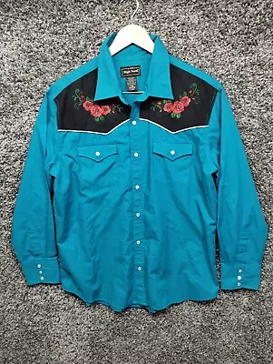 Vintage High Noon Western Rose Embroidered Snap Shirt Adult Large Blue • $44.97