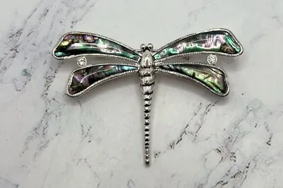 Vintage Silver Tone DRAGONFLY Pin Brooch Abalone Wings Clear Crystals • $8.99