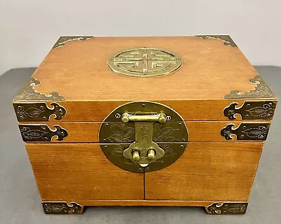 VTG Chinese Wood & Brass Mount Jewelry Box W/ Silk Lining 12x9x7.75” • $69.99