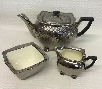 Vintage Royal Winton Silver China Teapot Set Made To Look Like Hammered Metal • £32.95