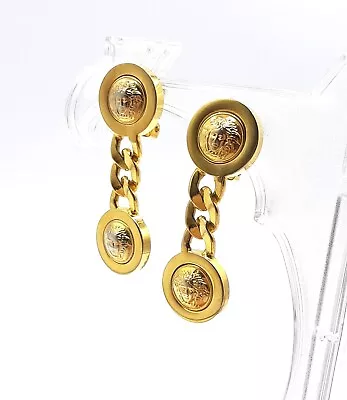 Gianni Versace Medusa Round Chain Clip-on Earrings Gold Authentic Gorgeous Swing • $168