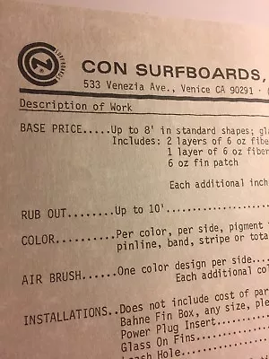 CON Surfboards“1979 Cost Sheet”1960-90 Santa Monica/Venice Surf(jacobsvelzy • $9