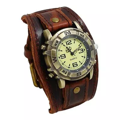 Vintage Retro Leather Cuff Bracelet Wide Band Steampunk Mens Quartz Wrist Watch • $11.49