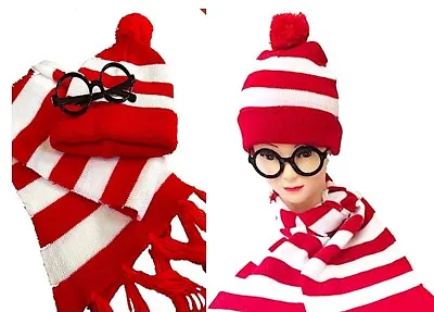 Wheres Wally Beanie Hat & Glasses Costume Kit | Red & White Stripe  • $18.99